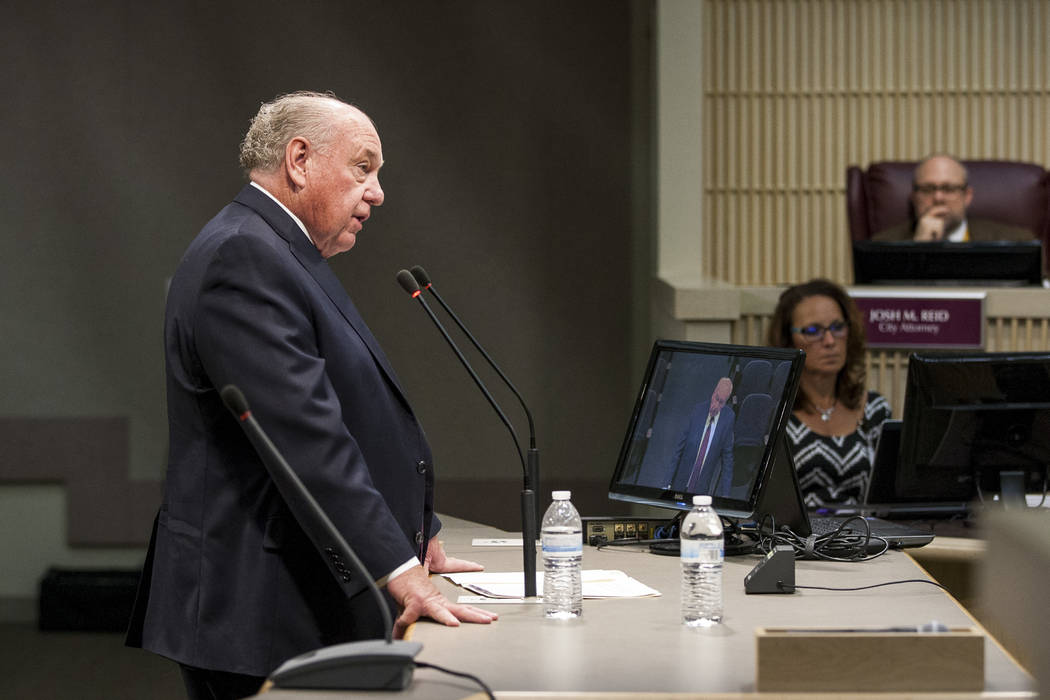 Ward II candidate Dan Shaw, chairman of the Clark County Planning Commission, fields questions from city council during a special meeting in the Henderson City Council Chambers on Thursday, June 1 ...