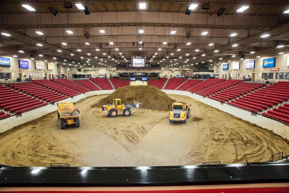 Birds eye view of the arena as the operations team moves the dirt used for BMX event outside. Monday, July 17, 2017. Todd Prince Las Vegas Review-Journal.