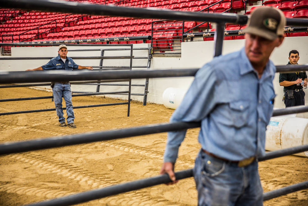 Todd Jepson, left, and Joe Baumgartner setting up gates for the equestrian event following the BMX race. Wednesday, July 19, 2017. Todd Prince Las Vegas Review-Journal.