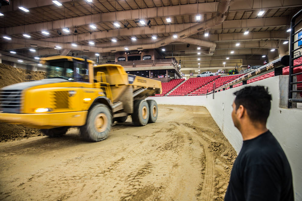 A dump truck riding over the base dirt inside the South Point Arena and Equestrian Center, Monday, July 17, 2017, in Las Vegas. Todd Prince Las Vegas Review-Journal