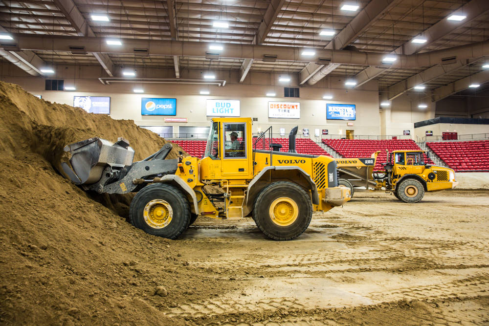 There are 8 million pounds of dirt used for the BMX event. It is placed over the so-called base dirt, which has been flattened hard with a steam roller to avoid mixing with the BMX dirt. Monday, J ...