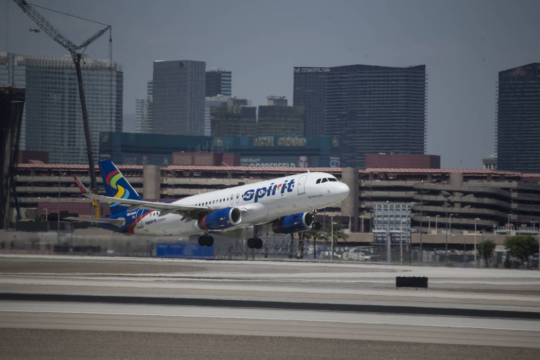 A airplane takes off from McCarran International Airport in Las Vegas on Wednesday, Aug. 9, 2017. (Erik Verduzco/Las Vegas Review-Journal) @Erik_Verduzco