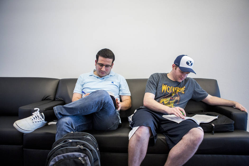 Jorge Alvarez, left, and Shea Billadeau study for the Nevada bar exam while waiting to register at UNLV on Monday, July 24, 2017.  Patrick Connolly Las Vegas Review-Journal @PConnPie
