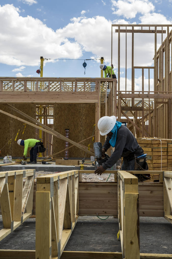 Workers build the frame of a new Century Communities home in southwest Las Vegas on Wednesday, Aug. 9, 2017.  Patrick Connolly Las Vegas Review-Journal @PConnPie