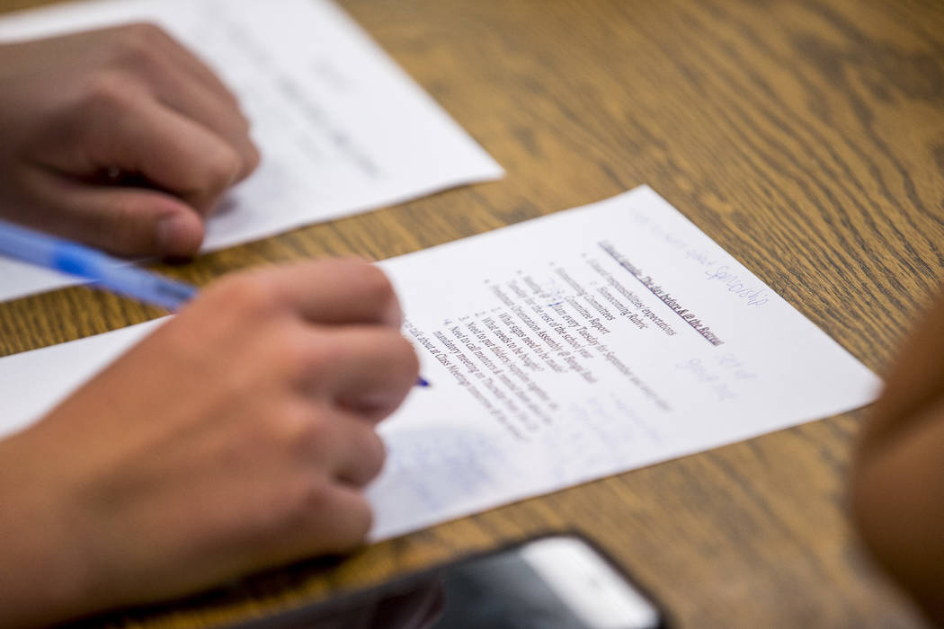 Student body President Justin Balconi writes on his agenda during a student council meeting at Bonanza High School on Monday, July 31, 2017.  Patrick Connolly Las Vegas Review-Journal @PConnPie