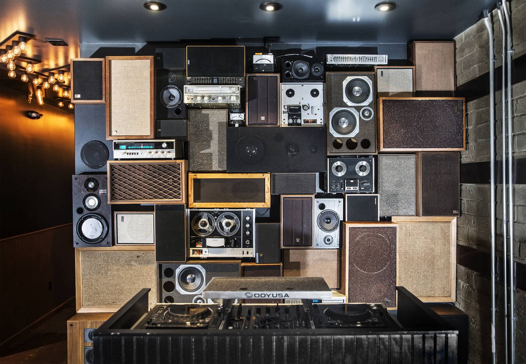 The vintage, locally sourced speaker wall on Wednesday, Aug 2, 2017, at Corduroy, in Las Vegas. (Benjamin Hager/Las Vegas Review-Journal) @benjaminhphoto