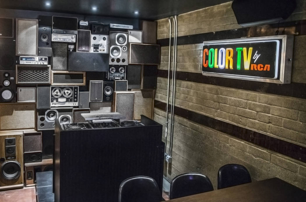 The vintage, locally sourced speaker wall on Wednesday, Aug 2, 2017, at Corduroy, in Las Vegas. (Benjamin Hager/Las Vegas Review-Journal) @benjaminhphoto