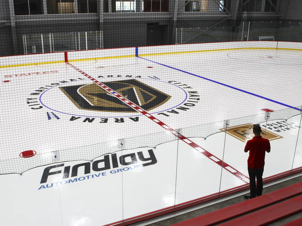 Finishing touches are applied to the ice surface of one of two ice rinks at City National Arena, the Vegas Golden Knights' headquarters and training facility, in Las Vegas on Wednesday, Aug. 2, 20 ...