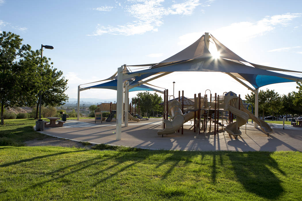 The sun sets on Hollywood Regional Park in Las Vegas on Tuesday, Aug. 1, 2017. Clark County commissioner Chris Giunchigliani says the regional county park has yet to be 100 percent completed. Brid ...