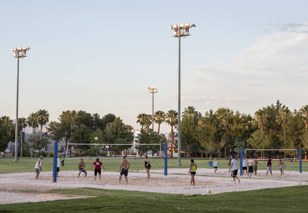Visitors play volleyball as the sun sets at Sunset Park in Las Vegas on Tuesday, Aug. 1, 2017.  Bridget Bennett Las Vegas Review-Journal @bridgetkbennett