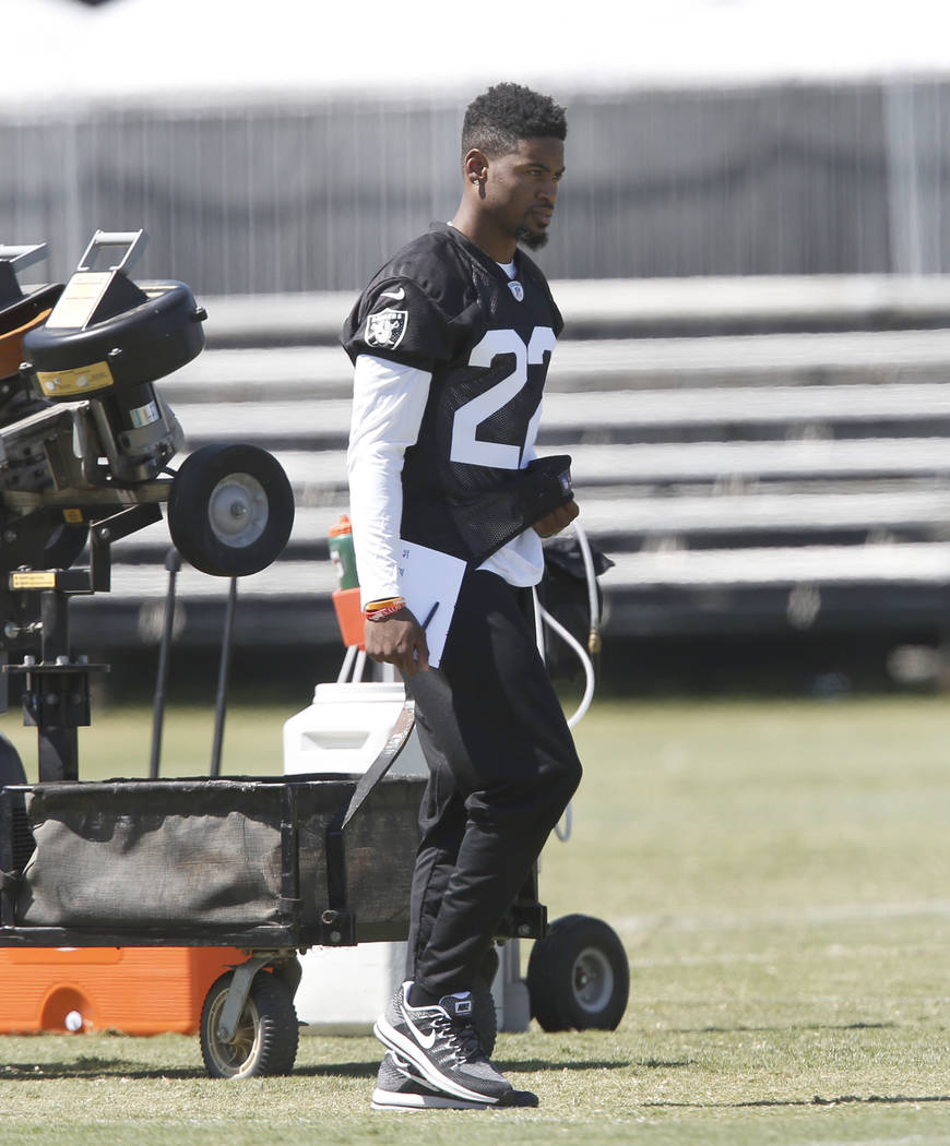 The Oakland Raiders cornerback Gareon Conley walks on the sideline during teams practice at Raiders Napa Valley training complex in Napa, Calif., on Monday, July 31, 2017. Bizuayehu Tesfaye Las Ve ...