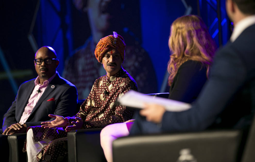 Earl Fowlkes, from left, Prince Manvendra Singh Gohil, Ashley Brundage and Jonathan Lovitz on stage during a panel at the NGLCC International Business and Leadership Conference at Caesars Palace,  ...