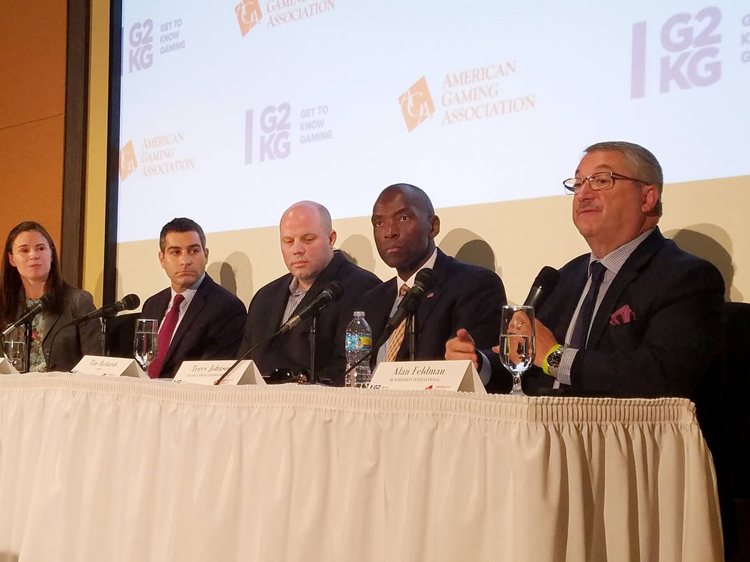 Panelists at the American Gaming Association's release of a new code of conduct listen to Alan Feldman, executive vice president of MGM Resorts International, right. Panelists at the event Thursda ...