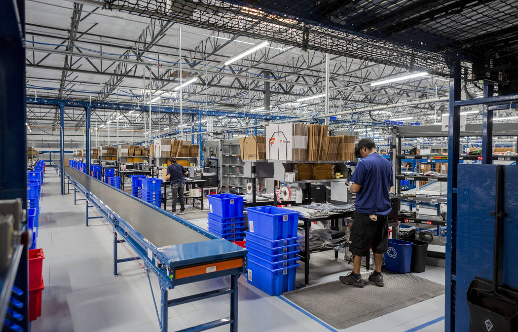 Warehouse employees at the Fanatics distribution center in North Las Vegas, Wednesday, Aug. 16, 2017. (Elizabeth Brumley/Las Vegas Review-Journal)