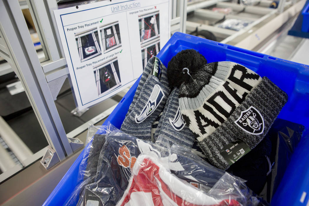 Printed athletic logo apparel ready to be packaged and shipped at the Fanatics distribution center in North Las Vegas, Wednesday, Aug. 16, 2017. (Elizabeth Brumley/Las Vegas Review-Journal)