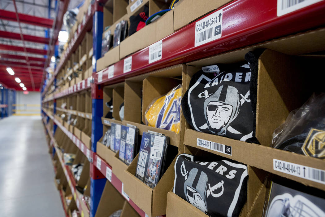 Printed athletic logo merchandise at the Fanatics distribution center in North Las Vegas, Wednesday, Aug. 16, 2017. (Elizabeth Brumley/Las Vegas Review-Journal)