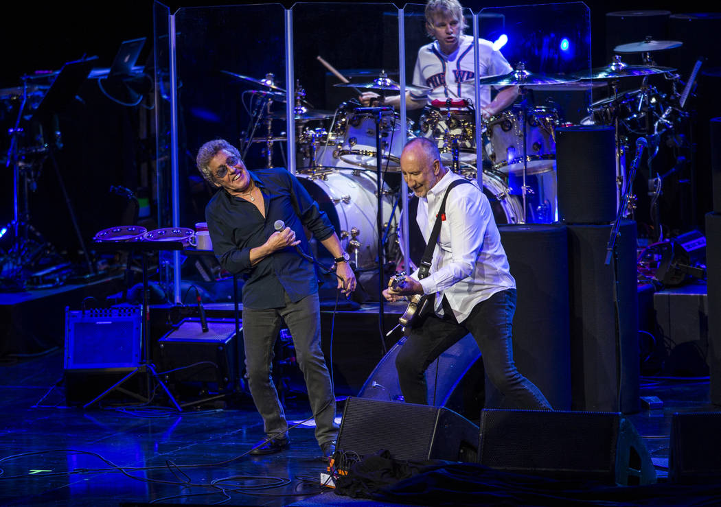 Roger Daltrey and guitarist Pete Townshend share a moment while The Who performs at the Colosseum at Caesars Palace on Saturday, July 29, 2017. Patrick Connolly Las Vegas Review-Journal @PConnPie