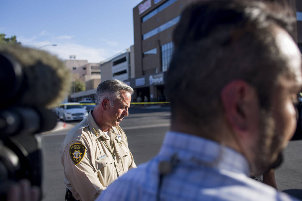 Clark County Sheriff Joseph Lombardo holds a media briefing at the University Medical Center for an officer-involved shooting which an officer was injured, Tuesday, August 1, 2017.  Elizabeth Brum ...