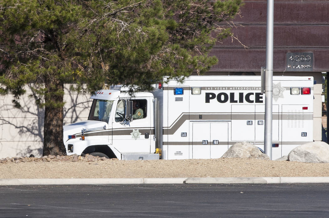 A police truck speeds down Arville Street after an officer-involved shooting in which an officer was injured on Tuesday, August 1, 2017.  Patrick Connolly Las Vegas Review-Journal @PConnPie