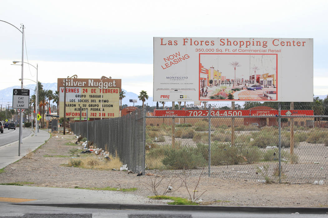 An empty lot on the northwest corner of Las Vegas Boulevard North and Hamilton Street, near North Las Vegas City Hall, marks the spot where investors want to build a movie theater on Friday, Feb.  ...