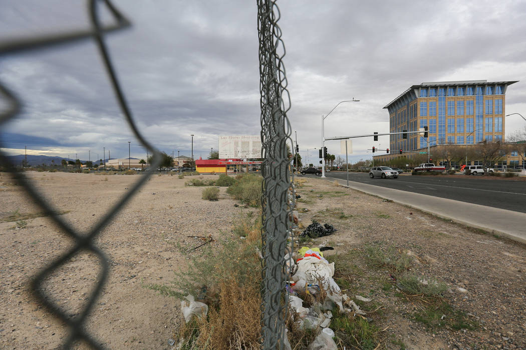 An empty lot on the northwest corner of Las Vegas Boulevard North and Hamilton Street, near North Las Vegas City Hall, marks the spot where investors want to build a movie theater on Friday, Feb.  ...