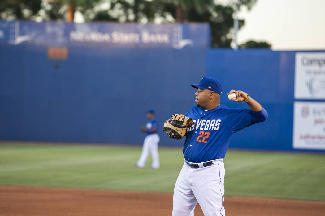 Dominic Smith warms up before an inning during Las Vegas 51s game against the Sacramento River Cats at Cashman Field on Friday, June 16, 2017. The River Cats won 6-4.  Patrick Connolly Las Vegas R ...