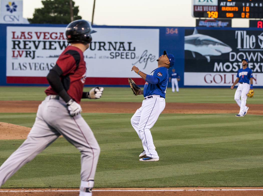 Dominic Smith looks to catch a pop fly during Las Vegas 51s game against the Sacramento River Cats at Cashman Field on Friday, June 16, 2017. The River Cats won 6-4.  Patrick Connolly Las Vegas Re ...