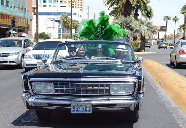 Richard "The Old Man" Harrison and "Chum" from History's "Pawn Stars" cruised Wednesday to the Riviera in  Harrison's Chrysler Imperial to promote the move of “Pawn Shop Live!” a Broadway-styl ...