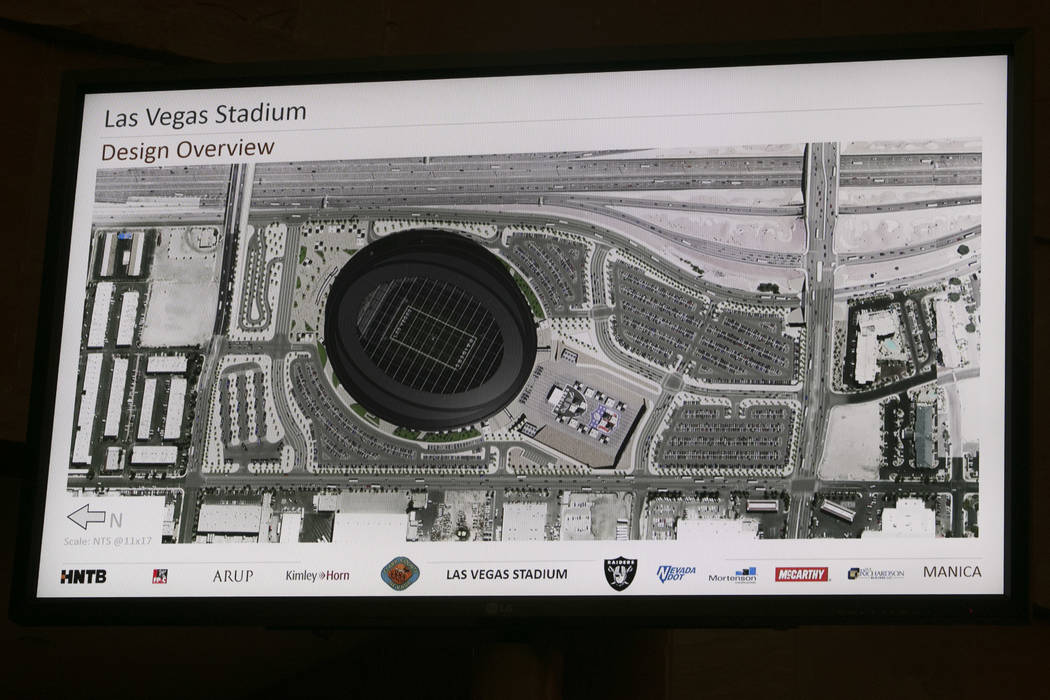 A rendering of the new Raiders stadium during a presentation about the Las Vegas Raiders stadium project at the Clark County Government Center in Las Vegas, Wednesday, Aug. 2, 2017. Gabriella Ango ...
