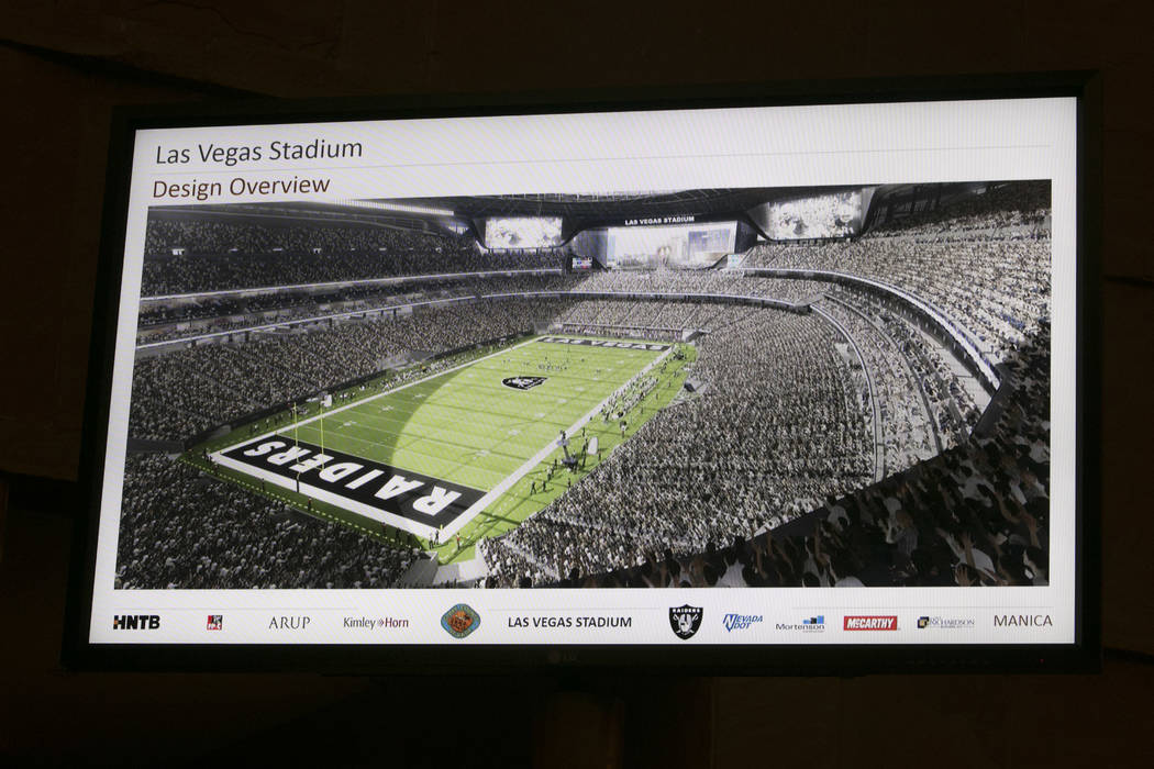 A rendering of the new Raiders stadium during a presentation about the Las Vegas Raiders stadium project  at the Clark County Government Center in Las Vegas, Wednesday, Aug. 2, 2017. Gabriella Ang ...