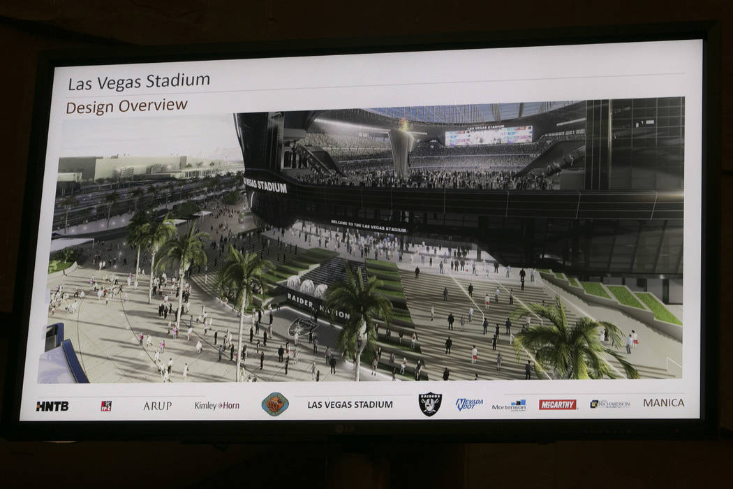 A rendering of the new Raiders stadium during a presentation about the Las Vegas Raiders stadium project at the Clark County Government Center in Las Vegas, Wednesday, Aug. 2, 2017. Gabriella Ango ...