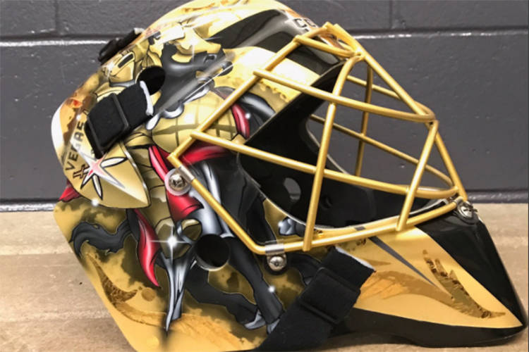 Golden Knights goaltender Marc-Andre Fleury's mask for the team's inaugural NHL season. The Knights unveiled the mask on Twitter on Thursday, Aug. 3, 2017. (Twitter/@GoldenKnights)