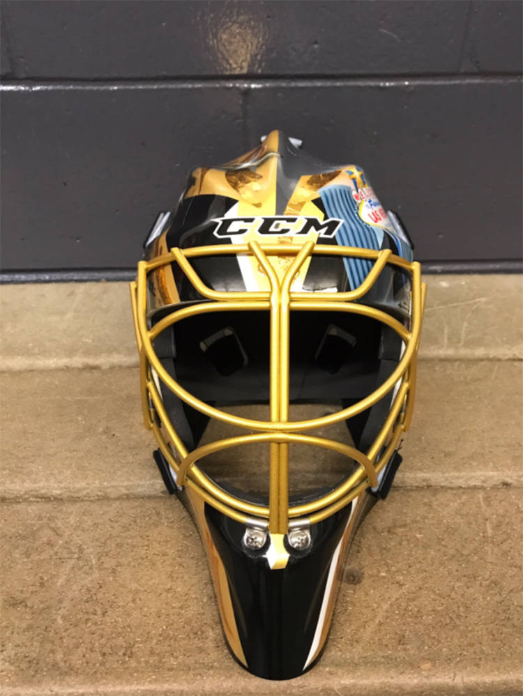 Golden Knights goaltender Marc-Andre Fleury's mask for the team's inaugural NHL season. The Knights unveiled the mask on Twitter on Thursday, Aug. 3, 2017. (Twitter/@GoldenKnights)