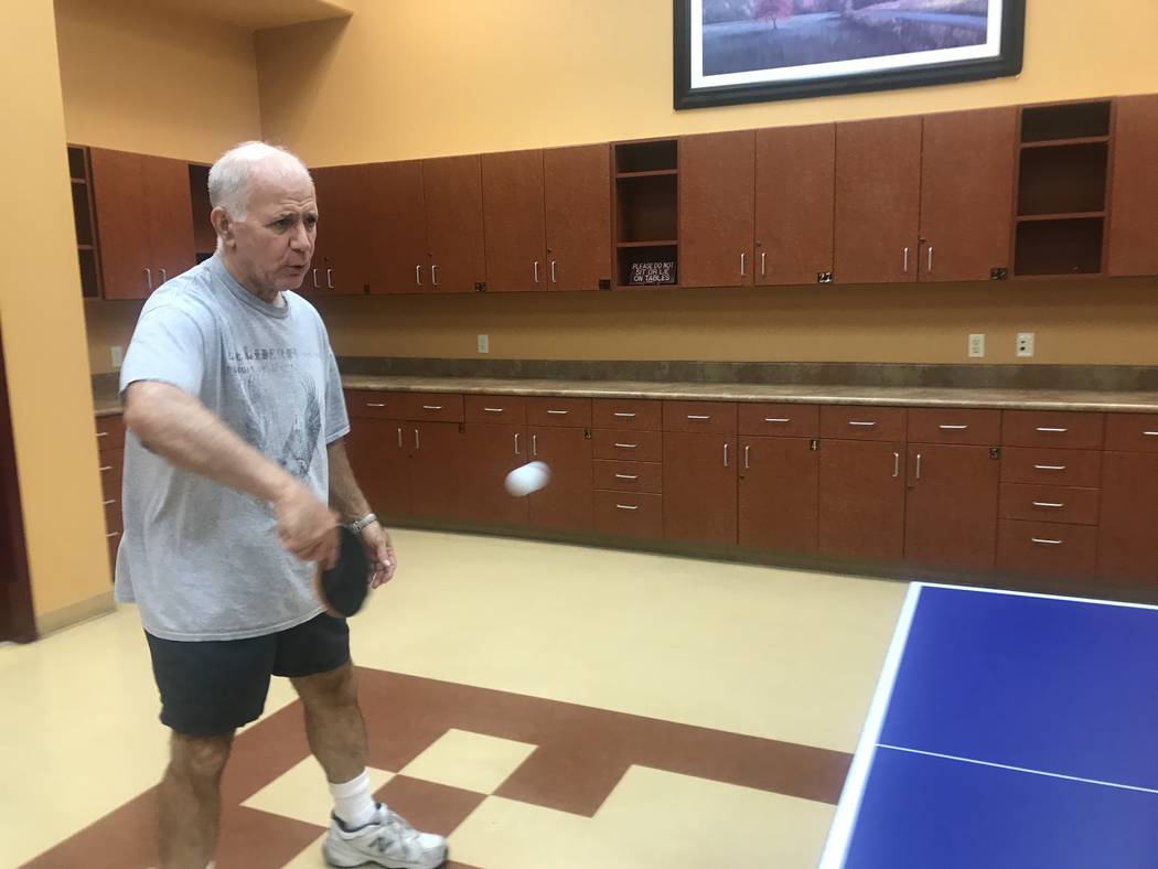 Sun City Aliante ping pong club organizer Mike Long playing a single game with another member on July 2, 2017 at the community center, 7390 N. Aliante Parkway. (Kailyn Brown/ View) @KailynHype