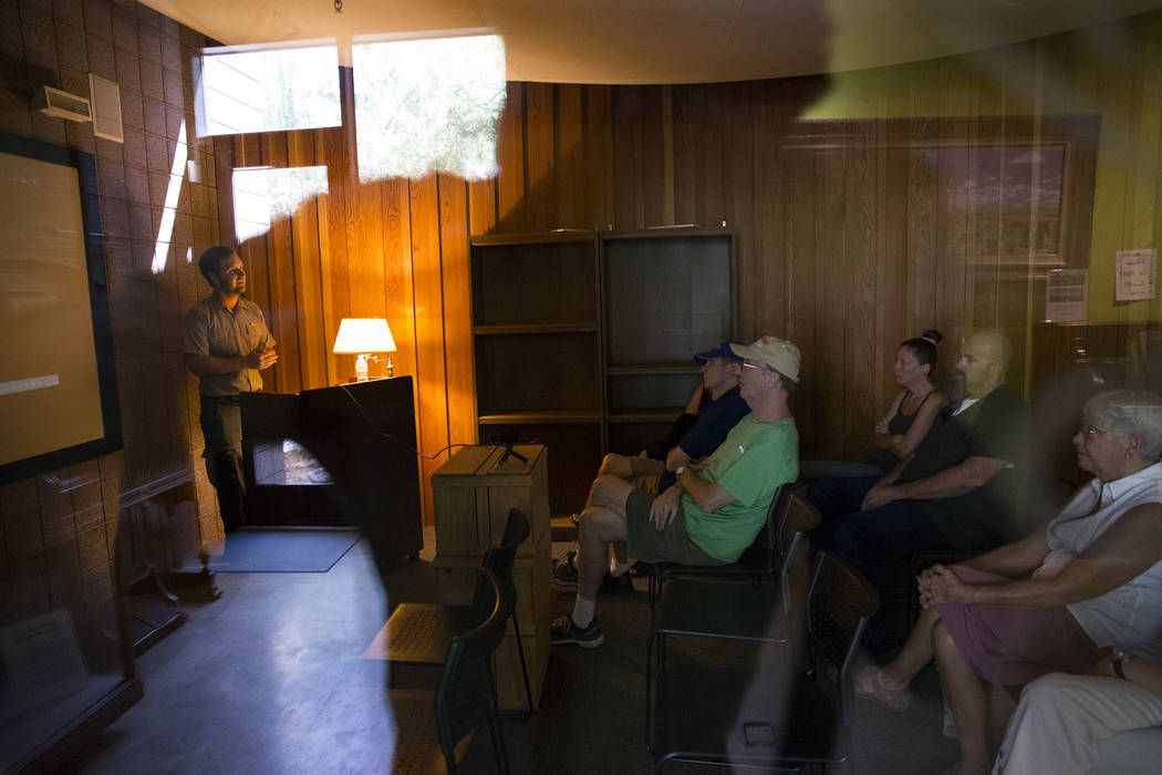 Park Interpreter Garrett Fehner gives a history talk on Helen Jane Wiser Stewart, also know as &quot;The First Lady of Las Vegas,&quot; at the Old Las Vegas Mormon Fort in Las Vegas, on Sa ...