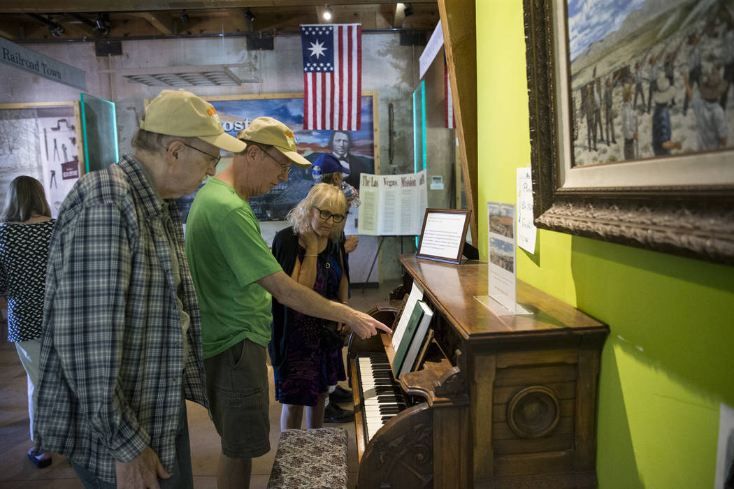 Stephen Alpert, from left, his brother Jeffrey, and friend Susan Kingery tour the Old Las Vegas Mormon Fort in Las Vegas, on Saturday, Aug. 26, 2017. The group attended a history talk on Helen Jan ...