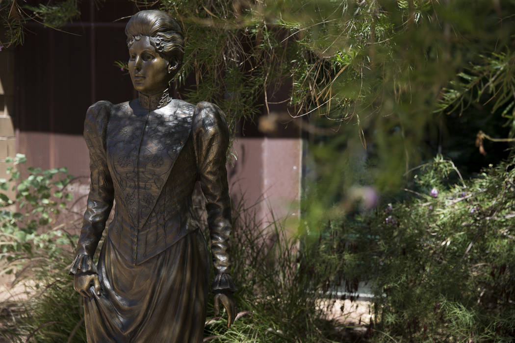 A bronze statue of Helen Jane Wiser Stewart, also known as &quot;The First Lady of Las Vegas,&quot; at the Old Las Vegas Mormon Fort in Las Vegas, on Saturday, Aug. 26, 2017. Erik Verduzco ...