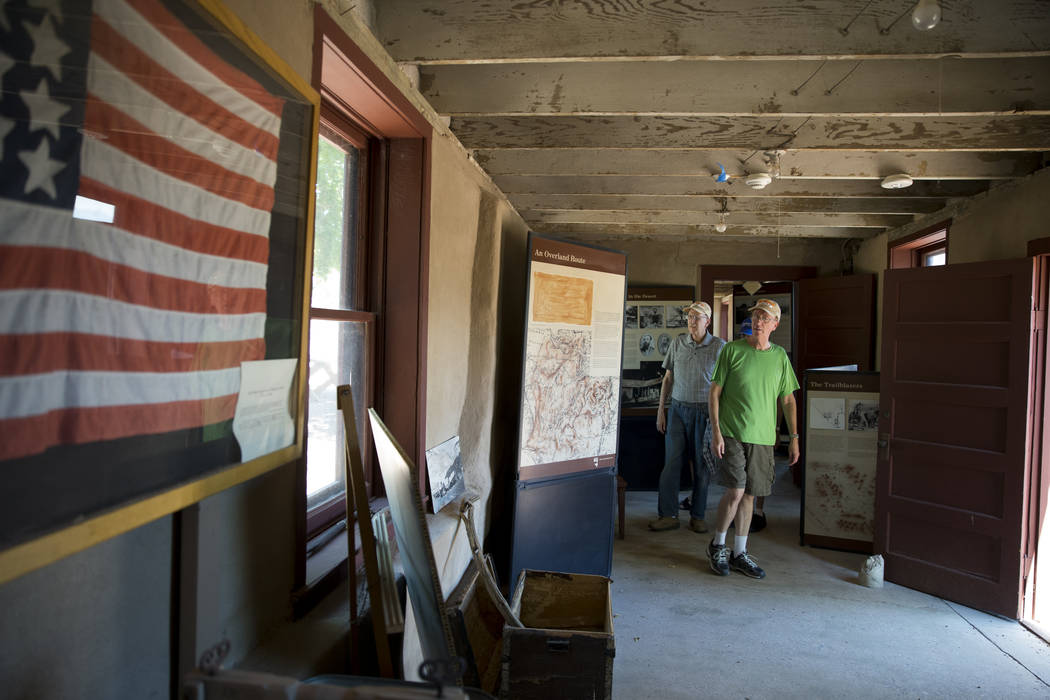 Stephen Alpert, left, and his brother Jeffrey tour the Old Las Vegas Mormon Fort in Las Vegas, on Saturday, Aug. 26, 2017. The brothers attended a history talk on Helen Jane Wiser Stewart, also kn ...