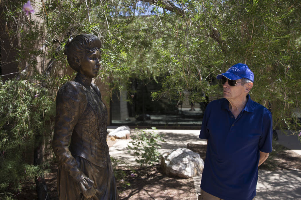James Kingery of California visits the bronze statue of Helen Jane Wiser Stewart, also know as &quot;The First Lady of Las Vegas,&quot; at the Old Las Vegas Mormon Fort in Las Vegas, on Sa ...