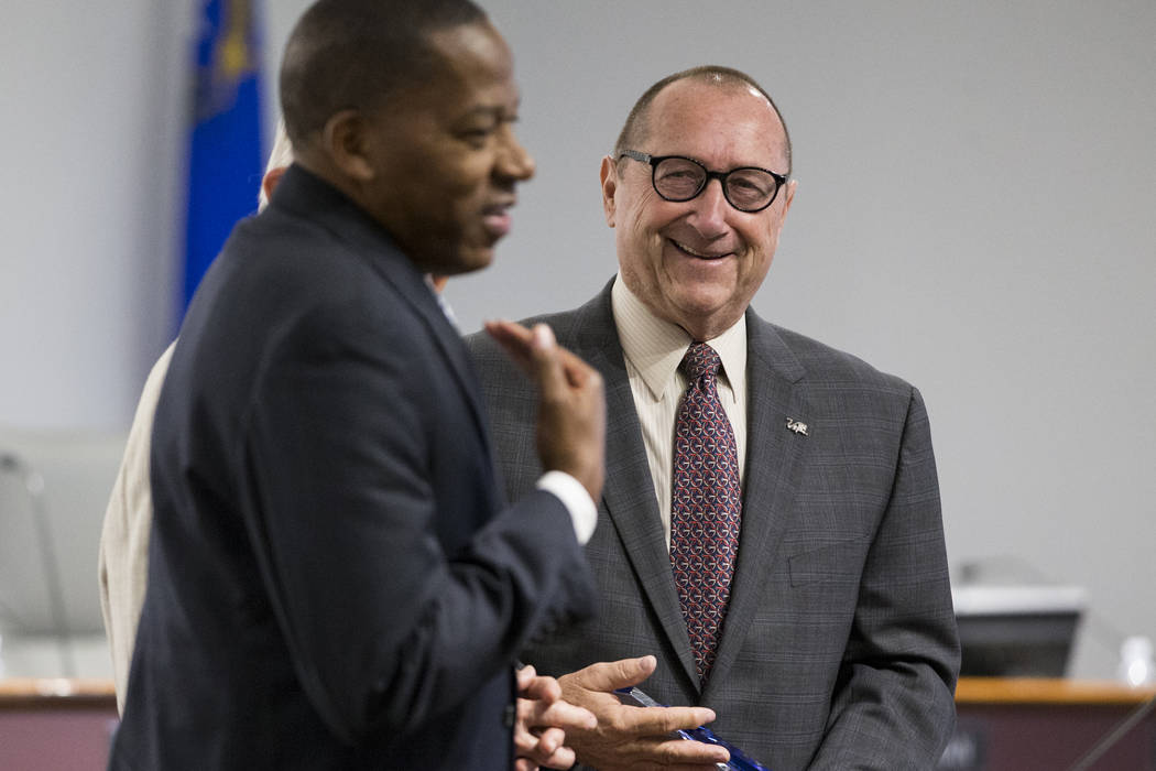 Rossi Ralenkotter, right, president of the Las Vegas Convention and Visitors Authority, during a meeting at the Las Vegas Convention Center in Las Vegas on Tuesday, Aug. 8, 2017. (Erik Verduzco/La ...