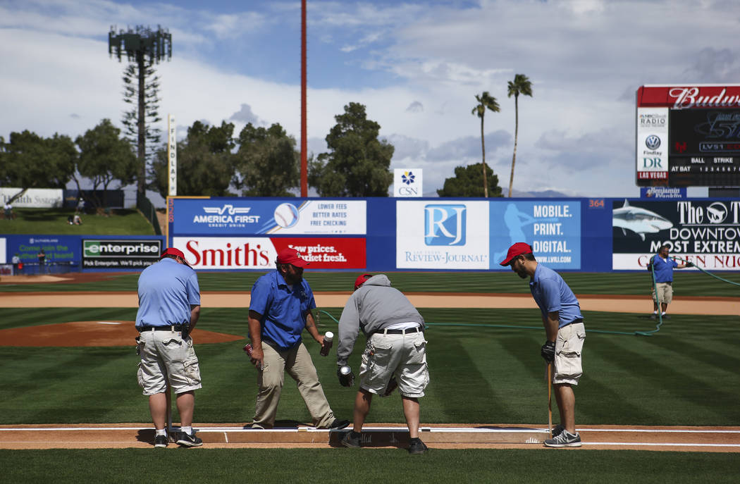 The field is prepared before the Big League Weekend baseball game at Cashman Field in Las Vegas on Saturday, March 25, 2017. (Chase Stevens/Las Vegas Review-Journal) @csstevensphoto