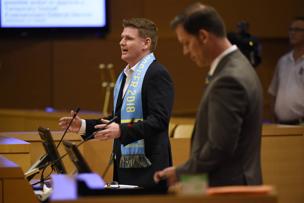 Founder and President of Las Vegas Soccer LLC. Brett Lashbrook makes his presentation during a meeting of the Las Vegas City Council Wednesday, July 19, 2017. Sam Morris/Las Vegas News Bureau