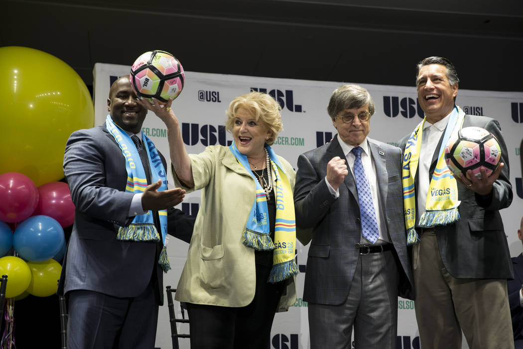 Las Vegas Councilman Ricki Barlow, from left, Mayor Carolyn Goodman, CEO of the United Soccer League Alec Papadakis, and Governor Brian Sandoval during an USL event to celebrate the newest team fr ...