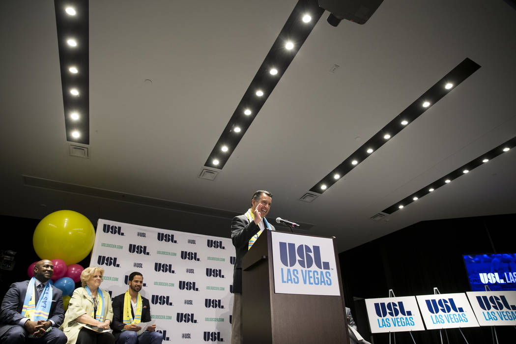 Governor Brian Sandoval during an United Soccer League event to celebrate the newest team from Las Vegas in the league at the Zappos campus in Las Vegas on Friday, Aug. 11, 2017. Erik Verduzco Las ...