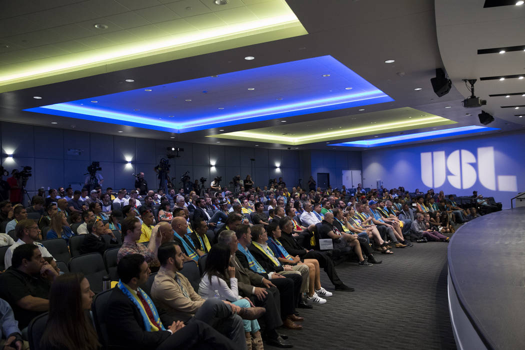 Attendees during an United Soccer League event to celebrate the newest team from Las Vegas in the league at the Zappos campus in Las Vegas on Friday, Aug. 11, 2017. Erik Verduzco Las Vegas Review- ...