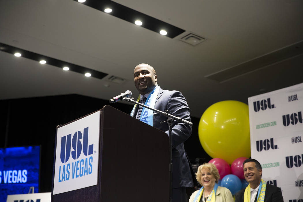 Las Vegas Councilman Ricki Barlow during an United Soccer League event to celebrate the newest team from Las Vegas in the league at the Zappos campus in Las Vegas on Friday, Aug. 11, 2017. Erik Ve ...