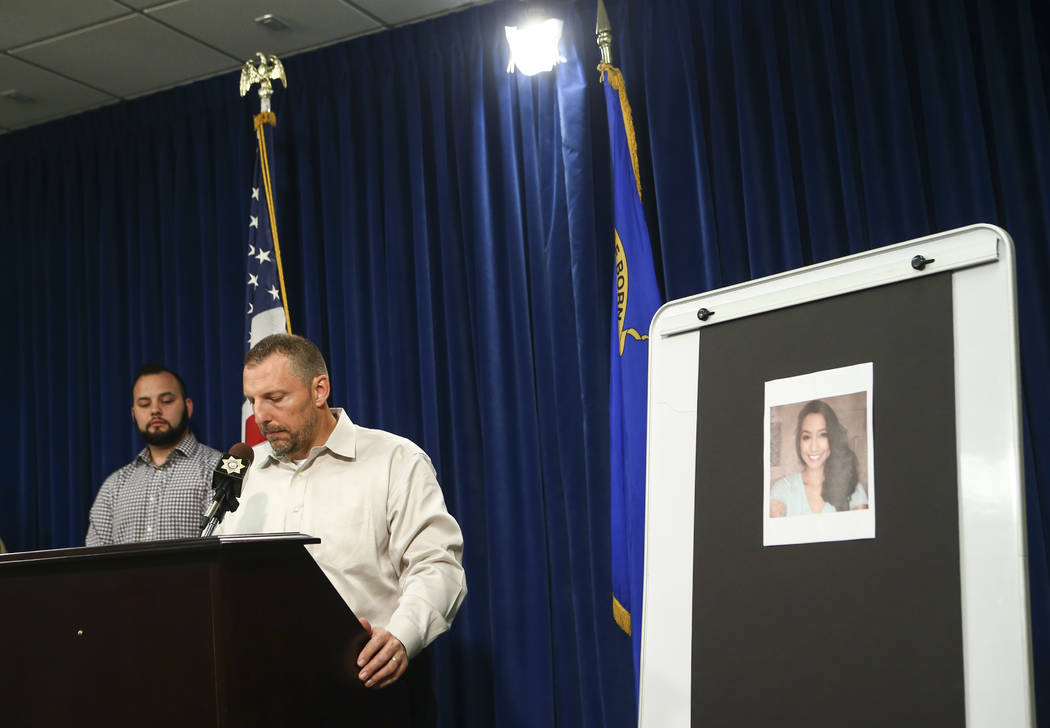 Paul Meadows, godfather of Makayla Rhiner, who was killed Thursday, gives a statement at Metropolitan Police Department headquarters in Las Vegas on Wednesday, Aug. 9, 2017. Freddy Lopez, a friend ...