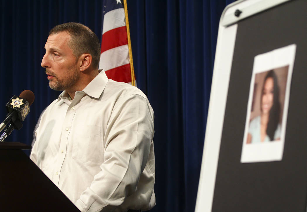Paul Meadows, godfather of Makayla Rhiner, who was killed Thursday, gives a statement at Metropolitan Police Department headquarters in Las Vegas on Wednesday, Aug. 9, 2017. Chase Stevens Las Vega ...