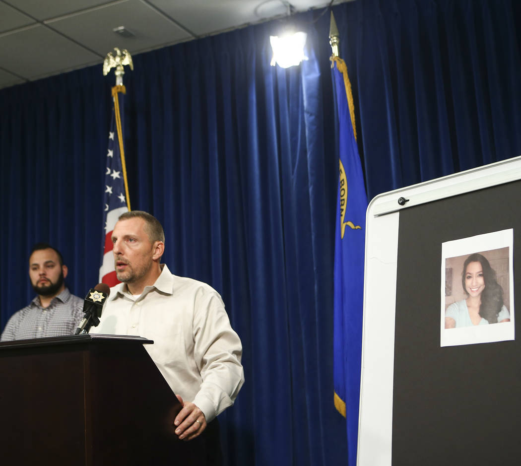 Paul Meadows, godfather of Makayla Rhiner, who was killed Thursday, gives a statement at Metropolitan Police Department headquarters in Las Vegas on Wednesday, Aug. 9, 2017. Freddy Lopez, a friend ...