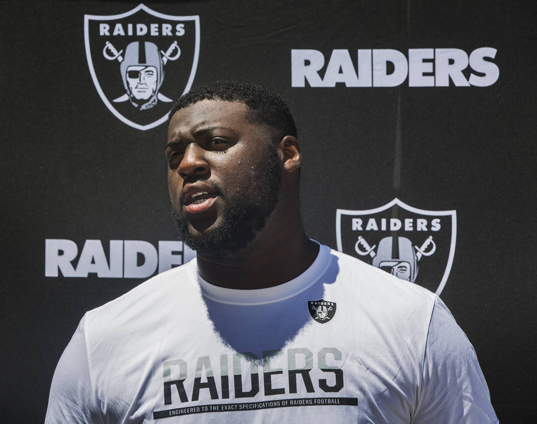 Raiders fourth-round draft pick David Sharpe takes questions from the media during rookie minicamp on Friday, May 5, 2017, at Oakland Raiders Headquarters, in Alameda, Calif. Benjamin Hager Las Ve ...